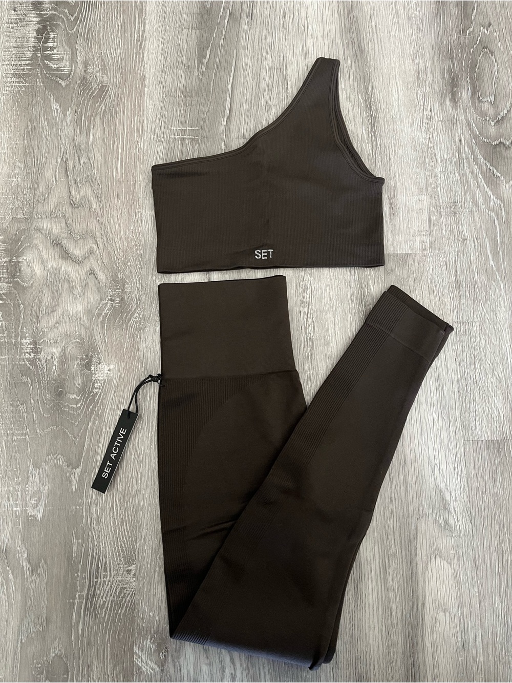 SET Active One-Shoulder Sports Bra & High-Waist Leggings - Espresso Brown